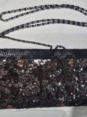 Big Buddha Santa Barbara Black Sequin Faux Snakeskin Evening Clutch Chain Strap